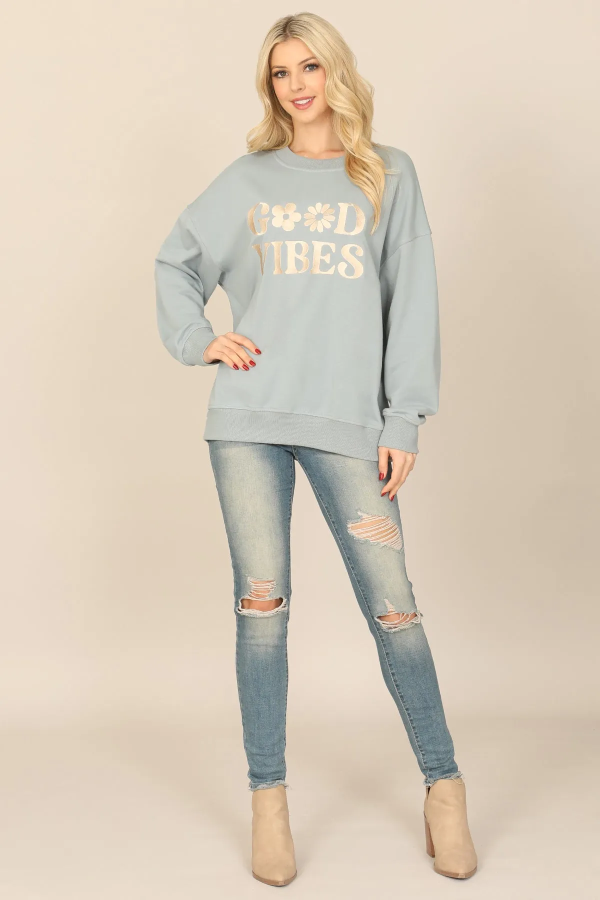 SWEATSHIRT "GOOD VIBES" PRINT TOP