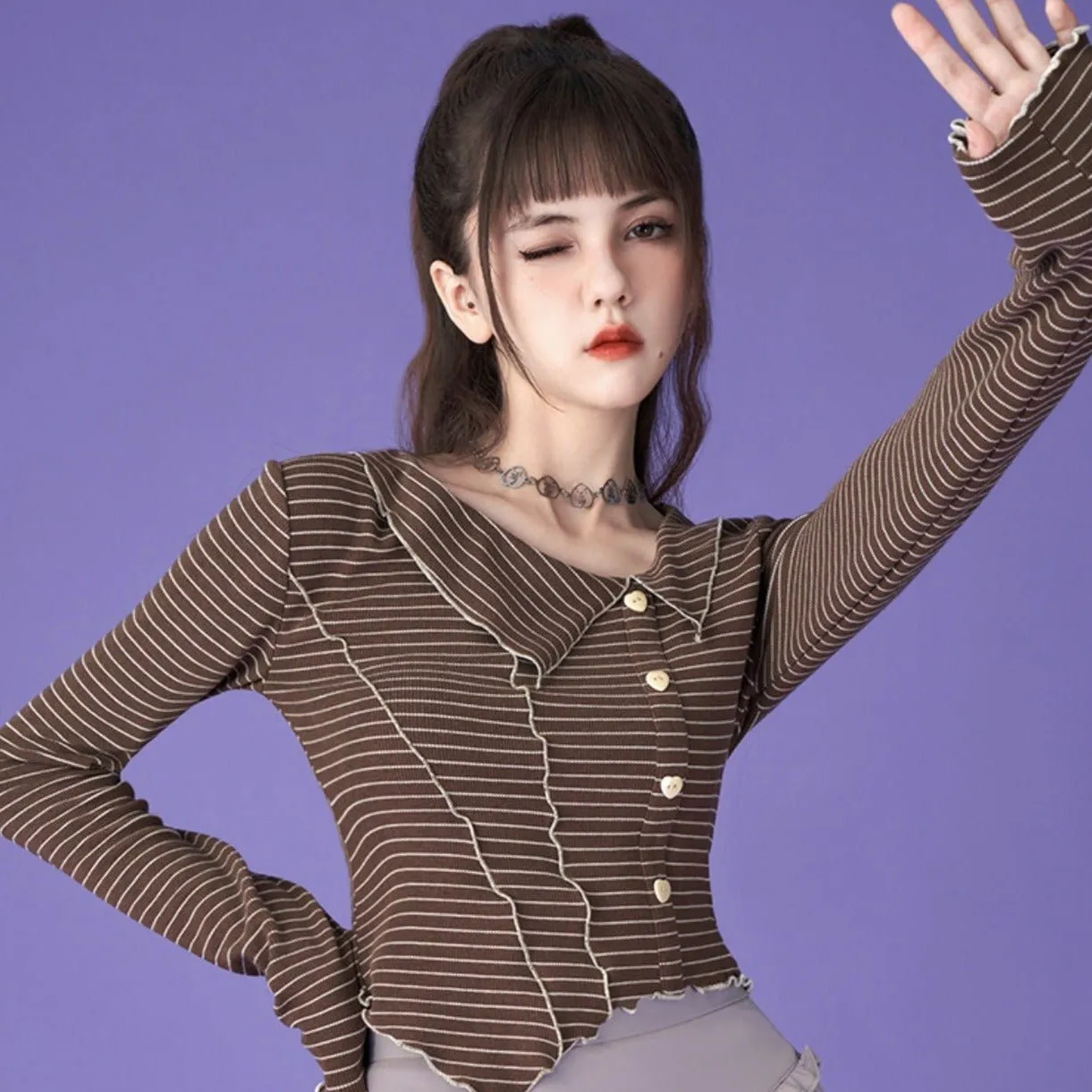 Sweet Milk Coffee Striped Casual Tops