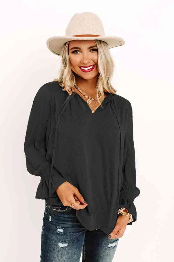 Swiss Dot Tie Neck Flounce Sleeve Blouse (2 Colors)