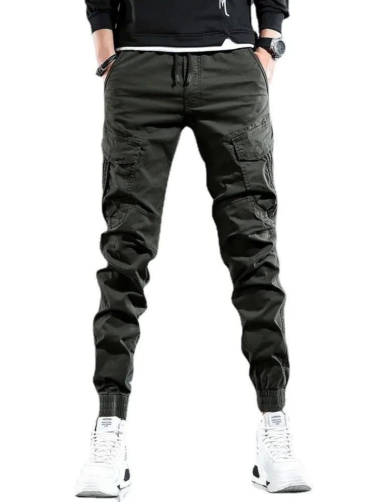 Tactical Army Green Cargo Pants - Men's Streetwear Hip Hop Casual Cotton Stretch Drawstring Joggers Trousers