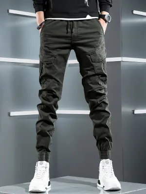 Tactical Army Green Cargo Pants - Men's Streetwear Hip Hop Casual Cotton Stretch Drawstring Joggers Trousers