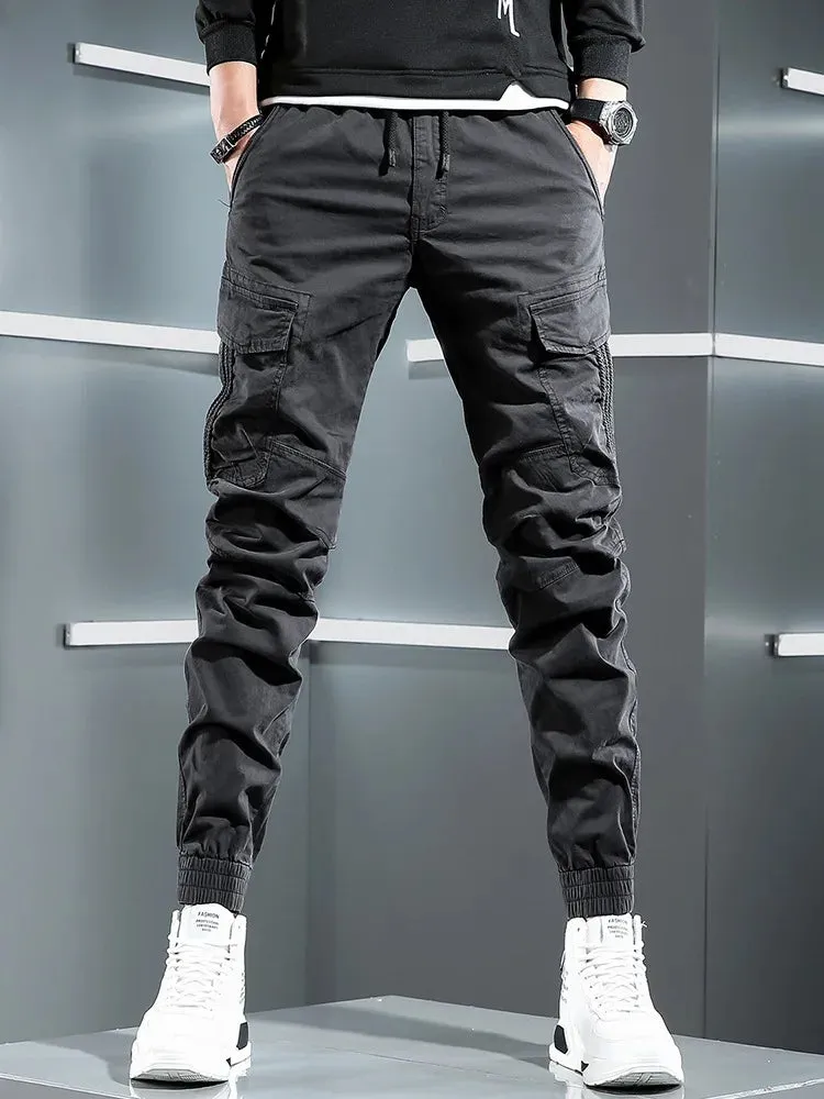Tactical Army Green Cargo Pants - Men's Streetwear Hip Hop Casual Cotton Stretch Drawstring Joggers Trousers