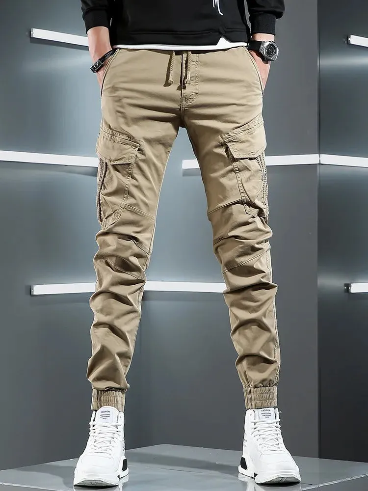 Tactical Army Green Cargo Pants - Men's Streetwear Hip Hop Casual Cotton Stretch Drawstring Joggers Trousers