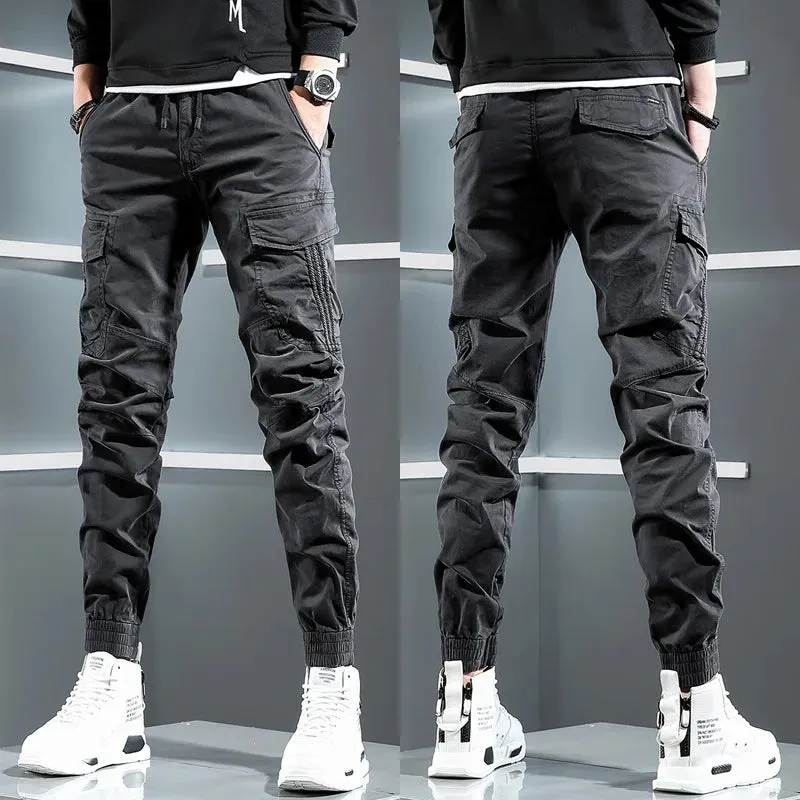 Tactical Army Green Cargo Pants - Men's Streetwear Hip Hop Casual Cotton Stretch Drawstring Joggers Trousers