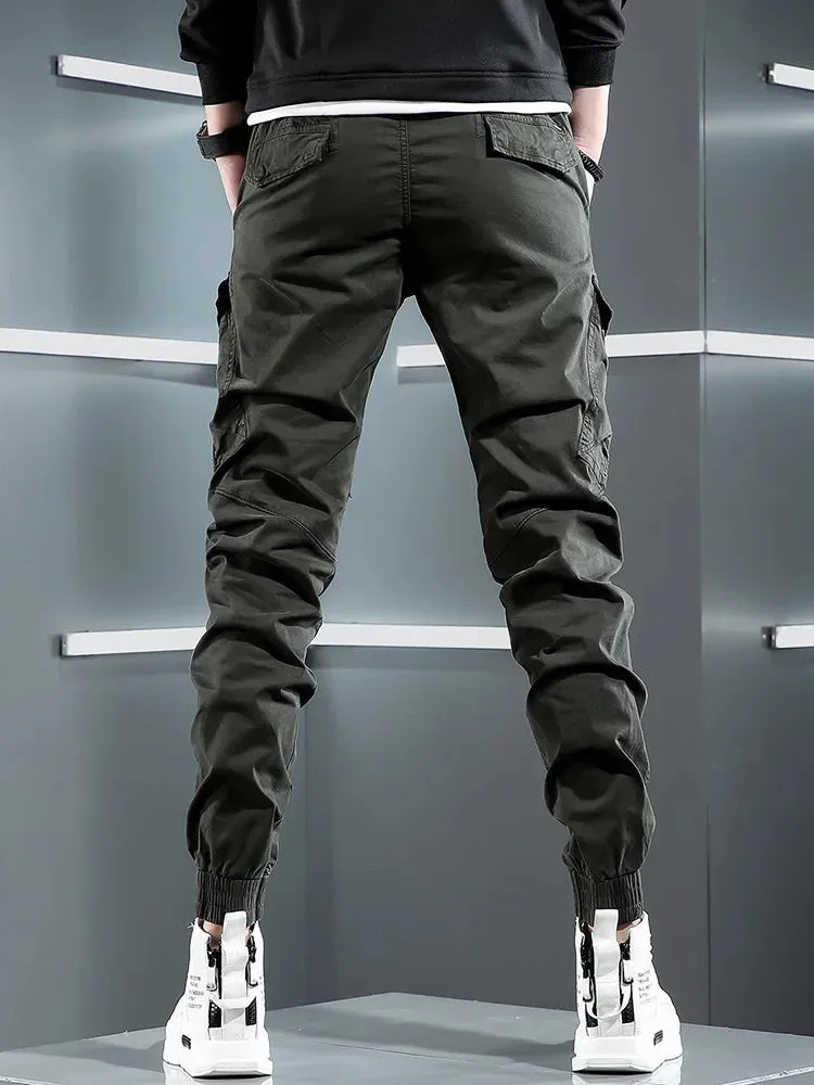 Tactical Army Green Cargo Pants - Men's Streetwear Hip Hop Casual Cotton Stretch Drawstring Joggers Trousers