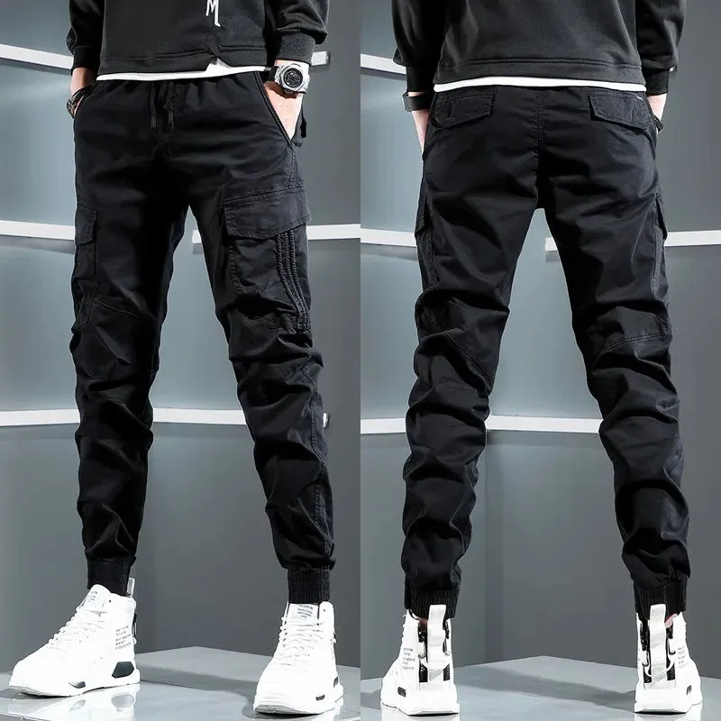 Tactical Army Green Cargo Pants - Men's Streetwear Hip Hop Casual Cotton Stretch Drawstring Joggers Trousers