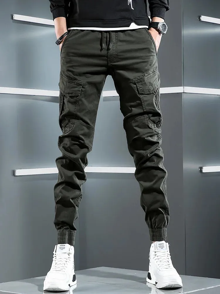 Tactical Army Green Cargo Pants - Men's Streetwear Hip Hop Casual Cotton Stretch Drawstring Joggers Trousers
