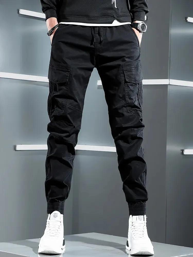 Tactical Army Green Cargo Pants - Men's Streetwear Hip Hop Casual Cotton Stretch Drawstring Joggers Trousers