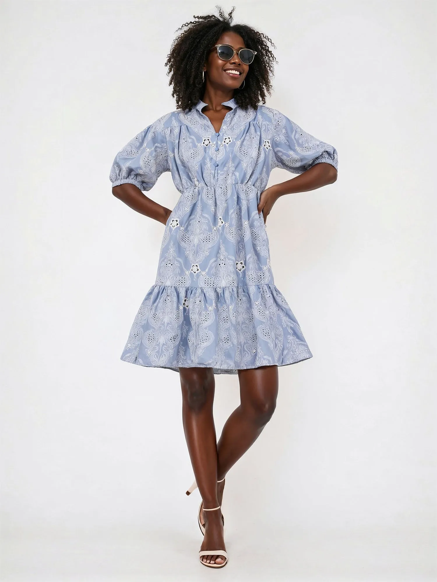 Tiered Floral Eyelet Fit & Flare Mini Sun Dress