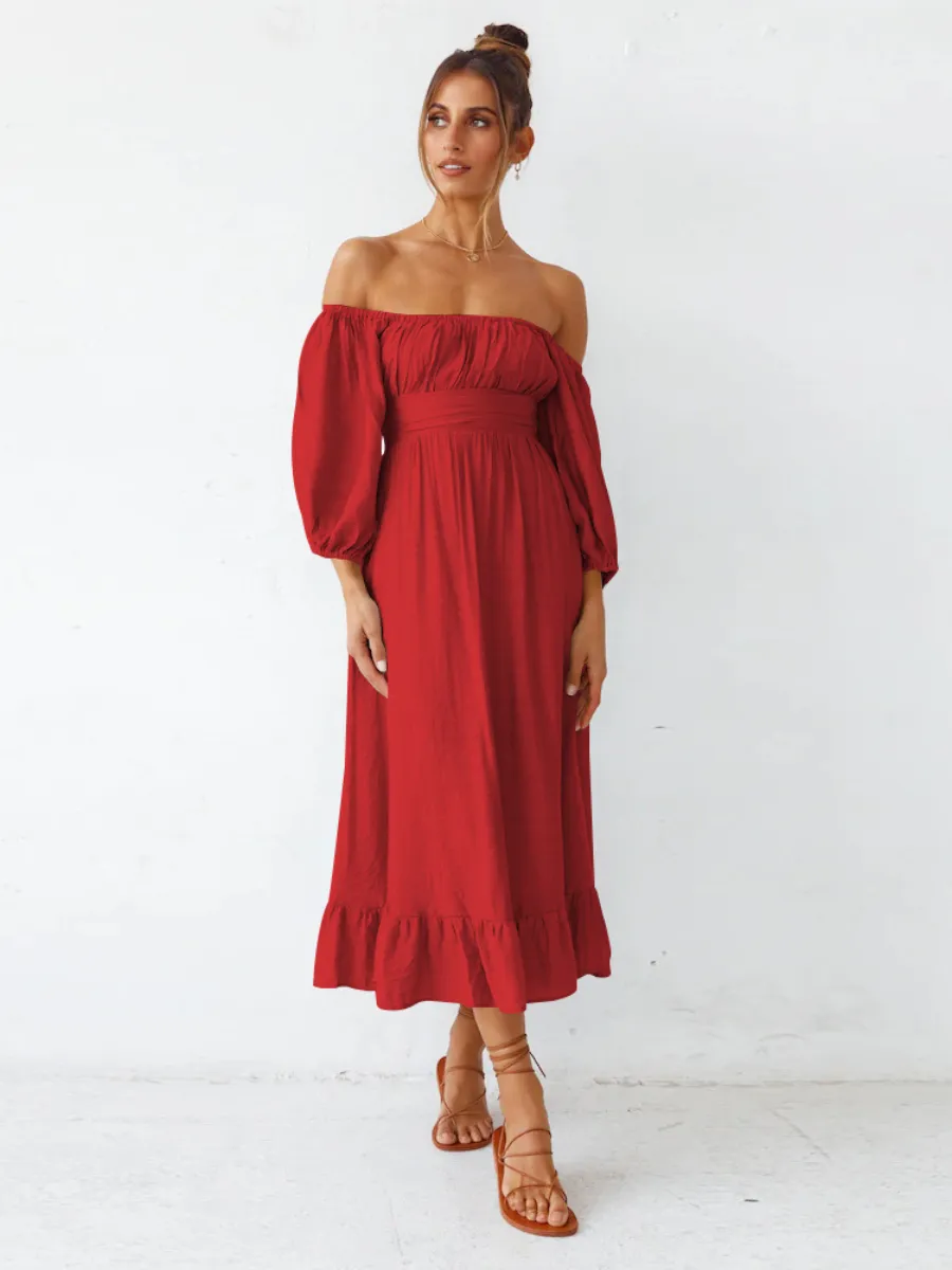 Under The Tuscan Back Tie Bow Puff Sleeve Mid Dress - Red