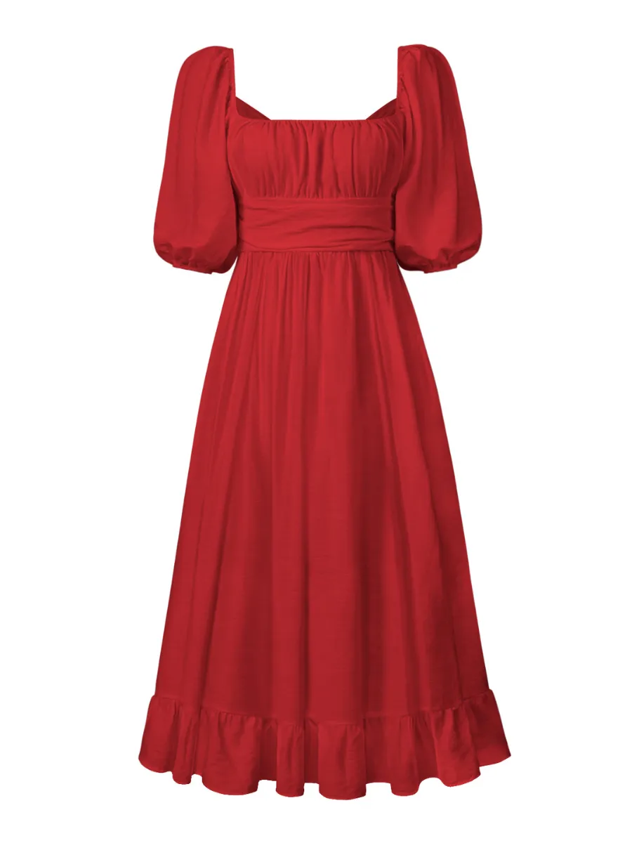 Under The Tuscan Back Tie Bow Puff Sleeve Mid Dress - Red