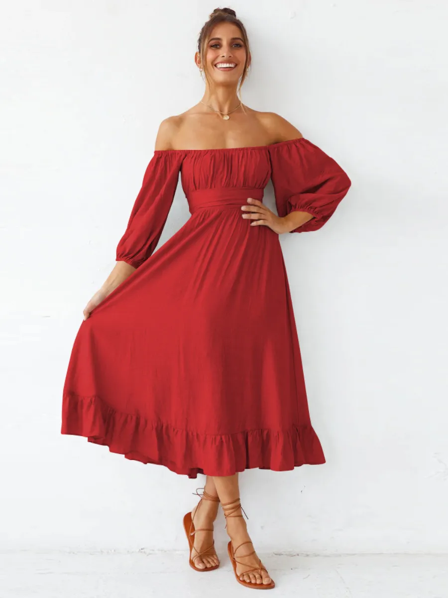 Under The Tuscan Back Tie Bow Puff Sleeve Mid Dress - Red