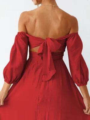 Under The Tuscan Back Tie Bow Puff Sleeve Mid Dress - Red