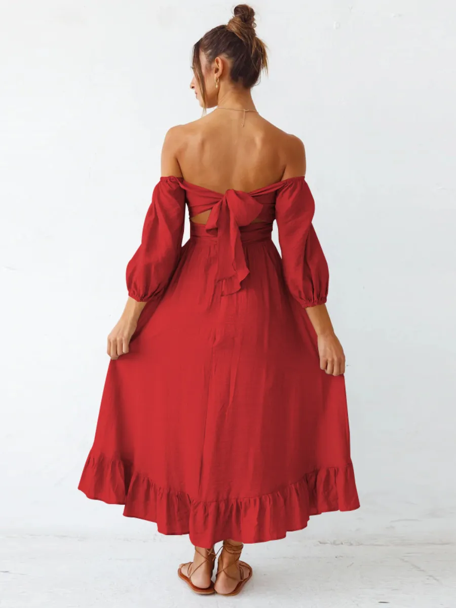 Under The Tuscan Back Tie Bow Puff Sleeve Mid Dress - Red