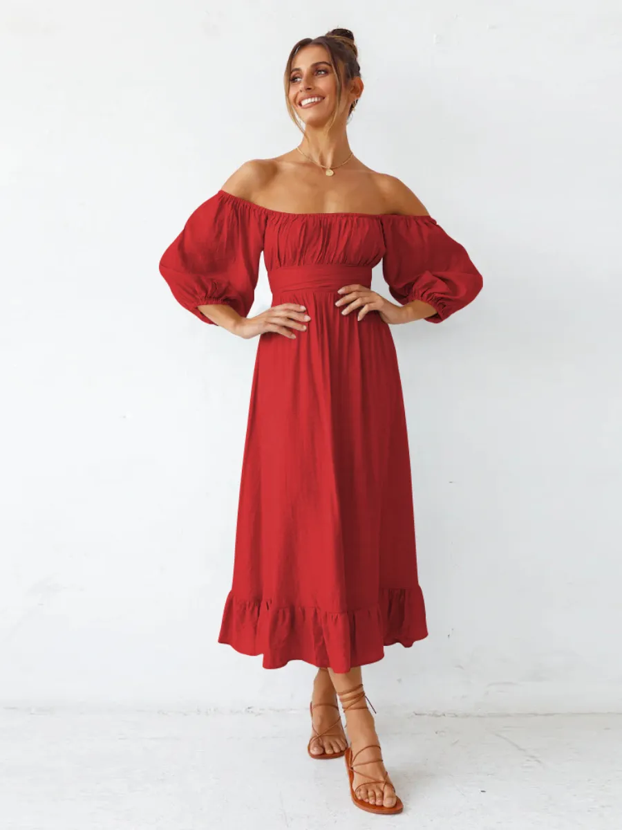 Under The Tuscan Back Tie Bow Puff Sleeve Mid Dress - Red