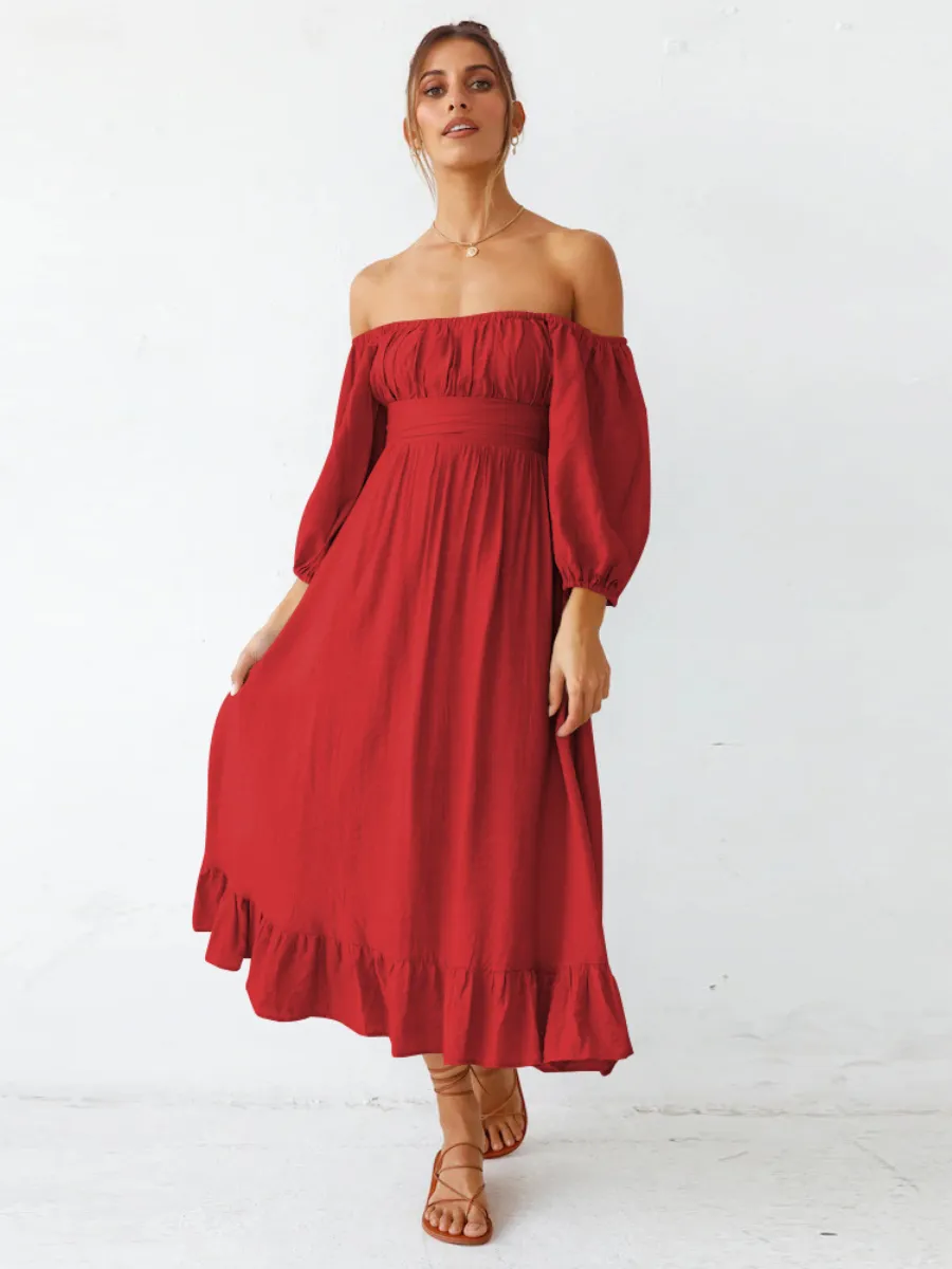 Under The Tuscan Back Tie Bow Puff Sleeve Mid Dress - Red