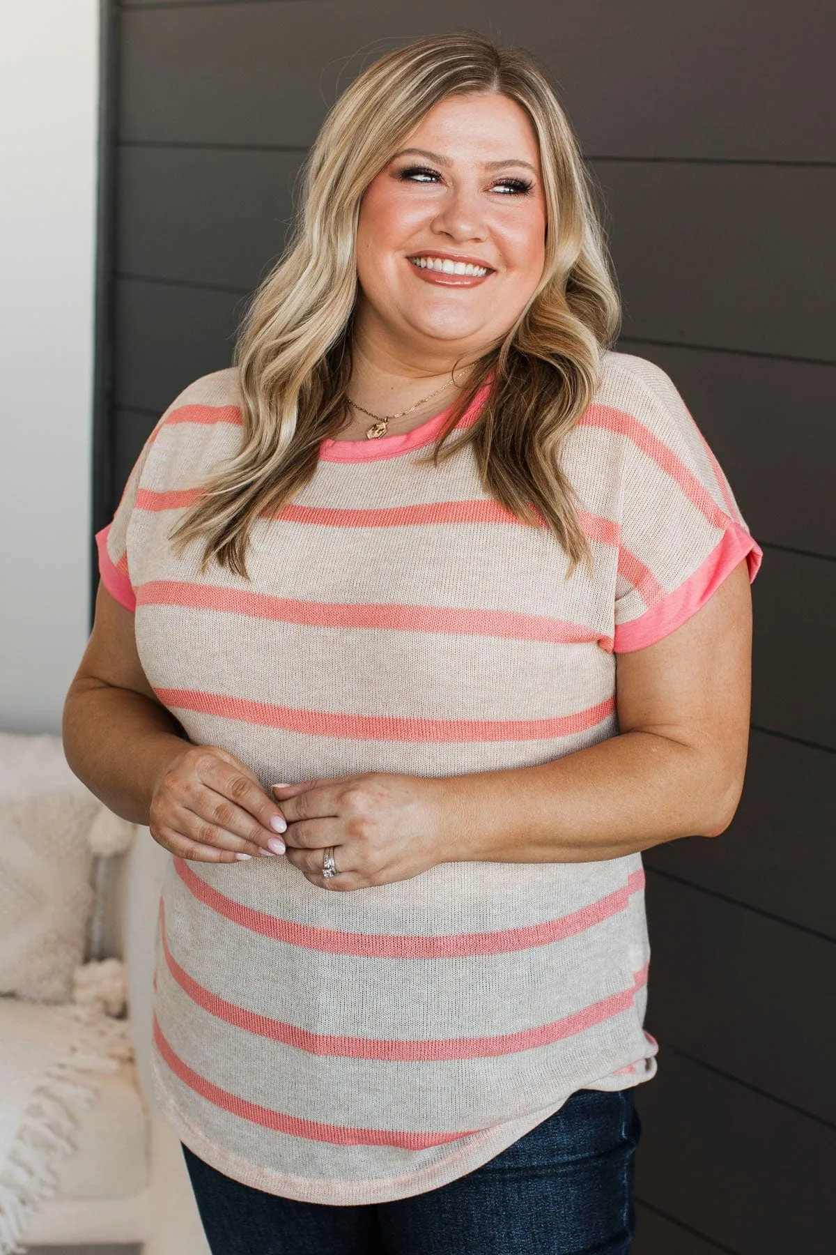 Unforgettable Charm Striped Top- Oatmeal & Coral