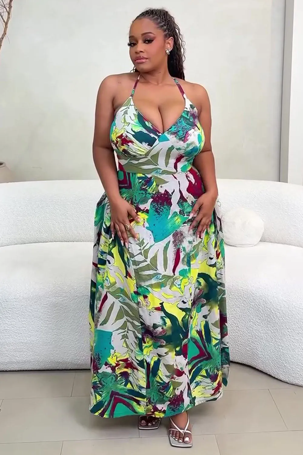 V Neck Back Cross Straps Tropical Print Vacay Maxi Dresses-Green [Pre Order]