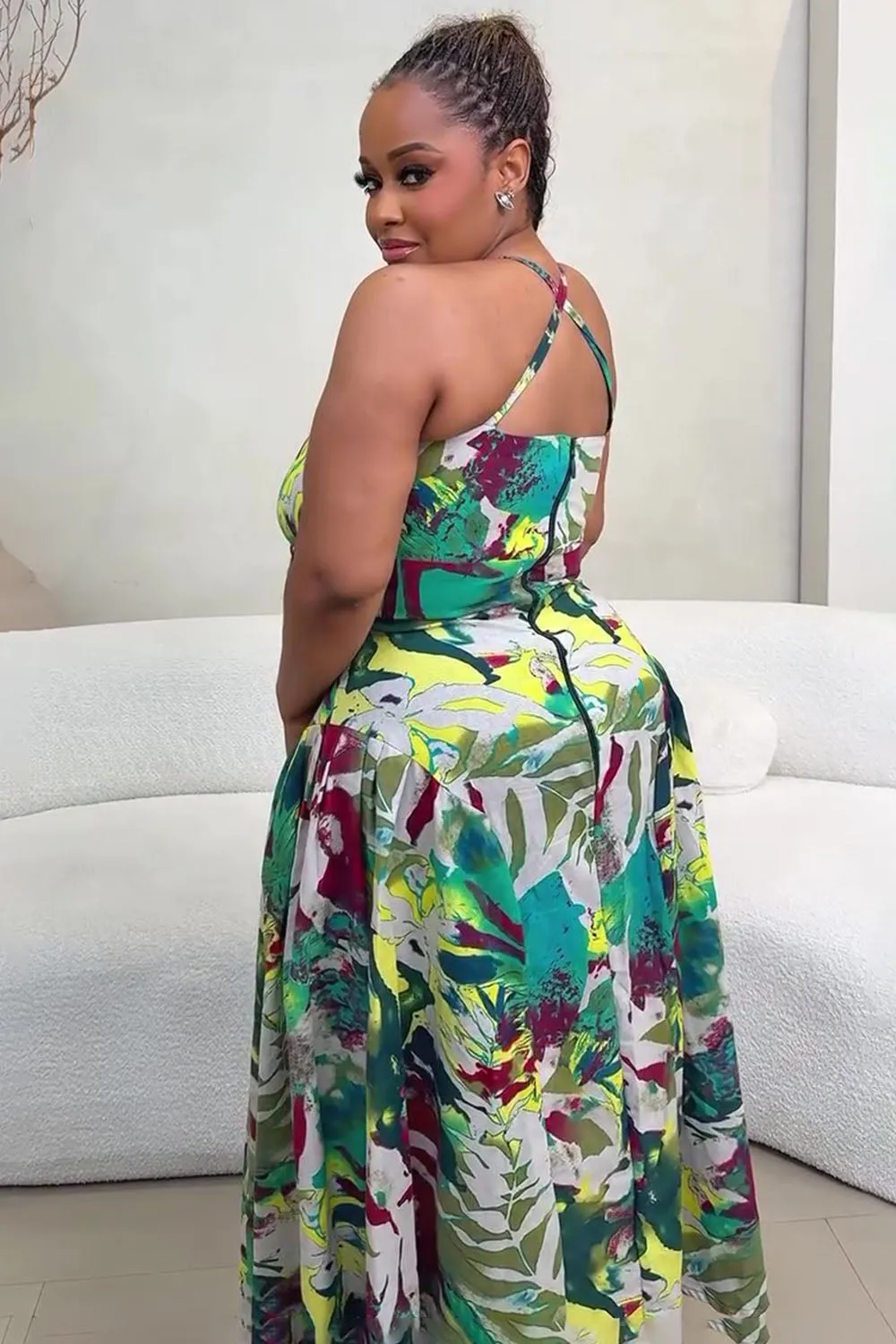 V Neck Back Cross Straps Tropical Print Vacay Maxi Dresses-Green [Pre Order]