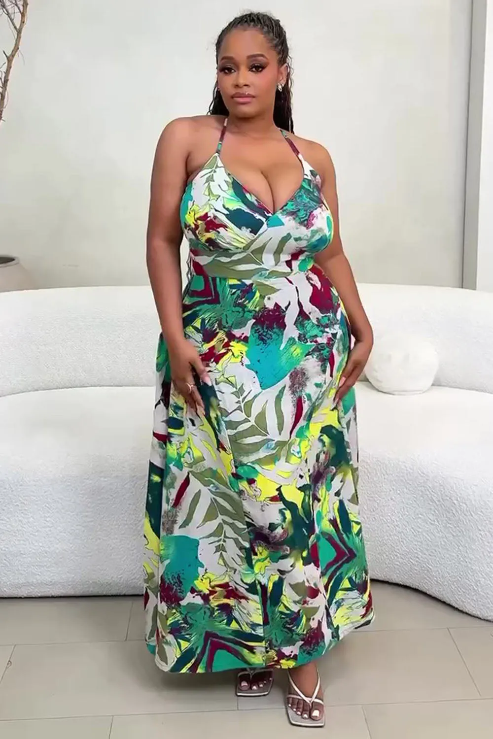V Neck Back Cross Straps Tropical Print Vacay Maxi Dresses-Green [Pre Order]
