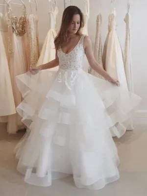 V-Neck Backless Tiered Wedding Dress