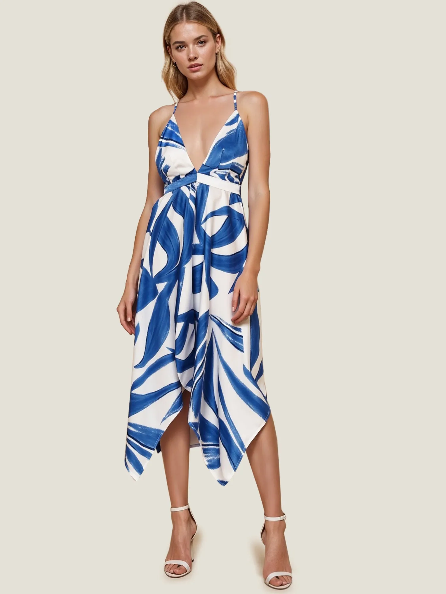 V Neck Satin Tropical Floral Midi Sun Dress