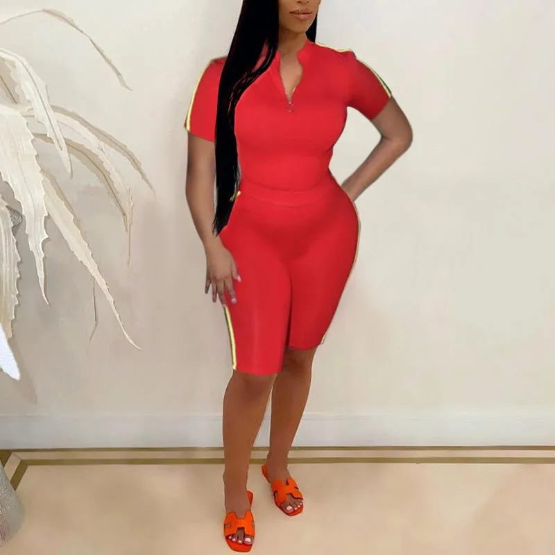 V-Neck Short Sleeve Tops & Pants Set
