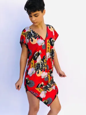 V NECK SIDE SLIT DRESS RED GEISHA/RED PLAID