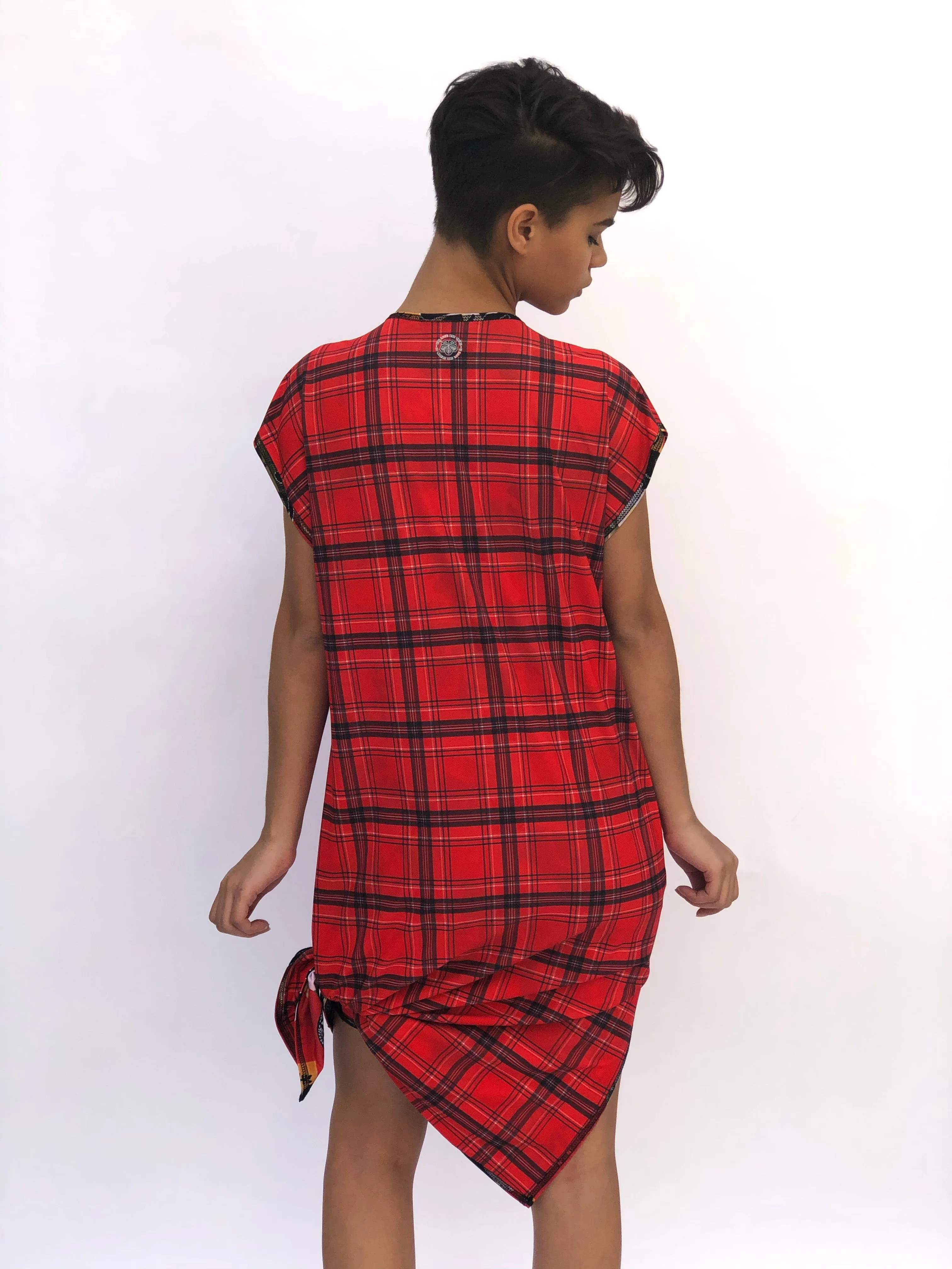 V NECK SIDE SLIT DRESS RED GEISHA/RED PLAID