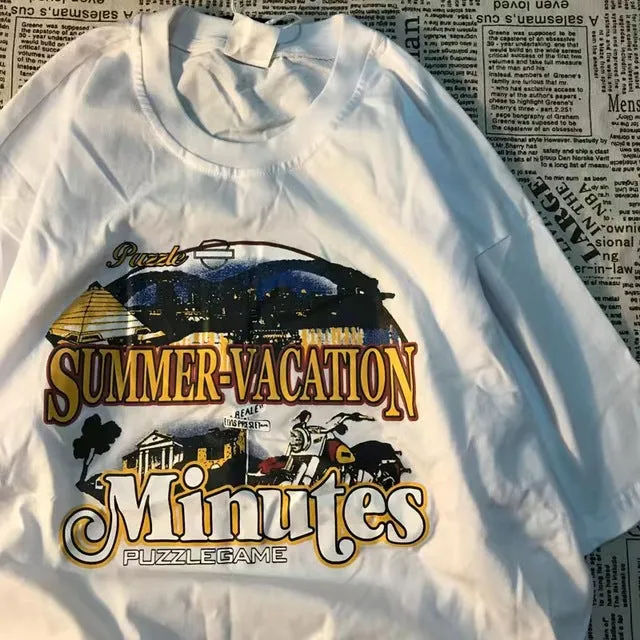 Vintage short sleeve shirt women summer o neck print t shirt top