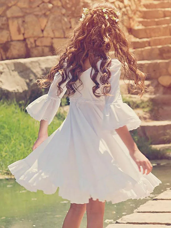 White V-Neck Long Sleeves Formal Kids Pageant flower girl dresses