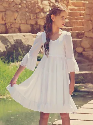 White V-Neck Long Sleeves Formal Kids Pageant flower girl dresses