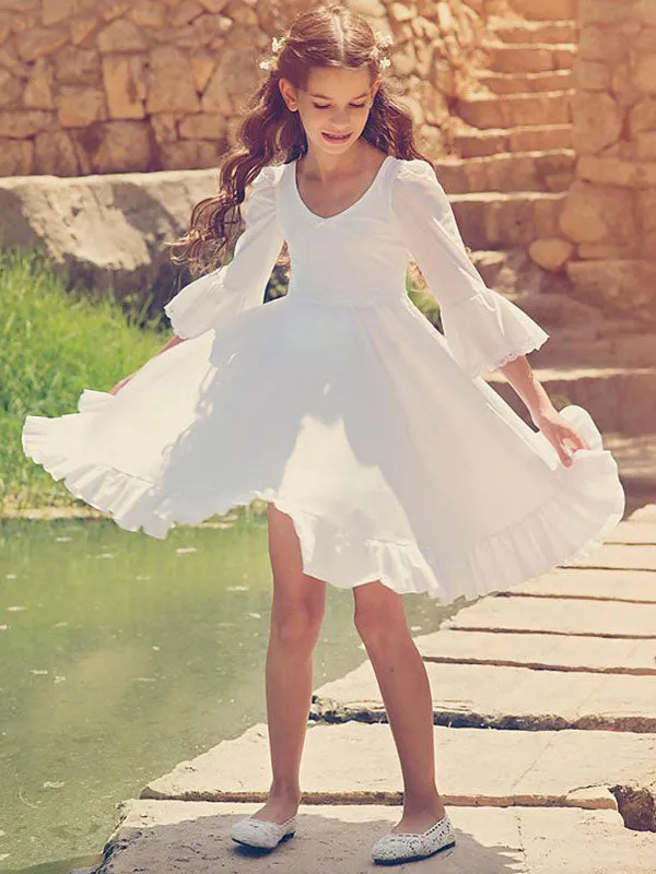 White V-Neck Long Sleeves Formal Kids Pageant flower girl dresses