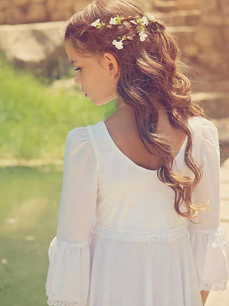 White V-Neck Long Sleeves Formal Kids Pageant flower girl dresses