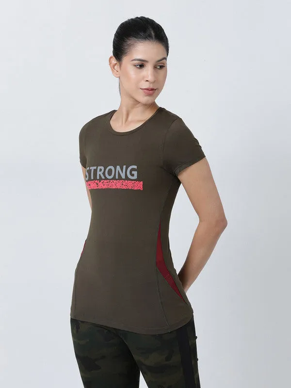 Women Olive Printed Tops & T-Shirts-POWER PLAY-OL