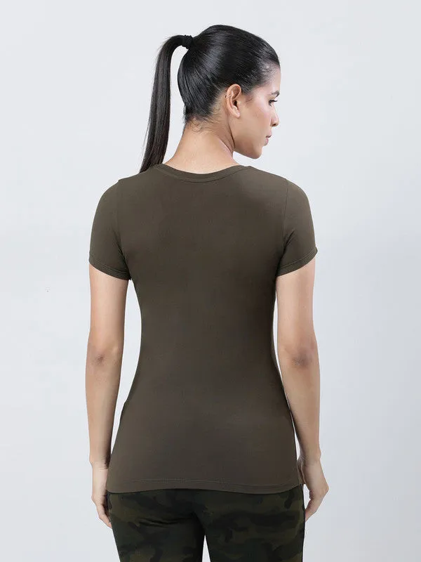 Women Olive Printed Tops & T-Shirts-POWER PLAY-OL