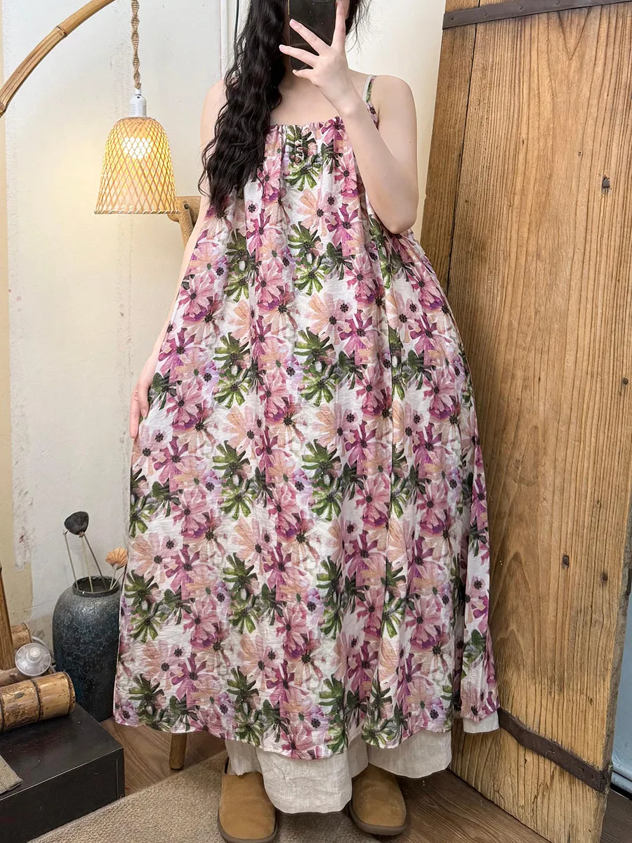 Women Summer Artsy Flower Cotton Vest Dress