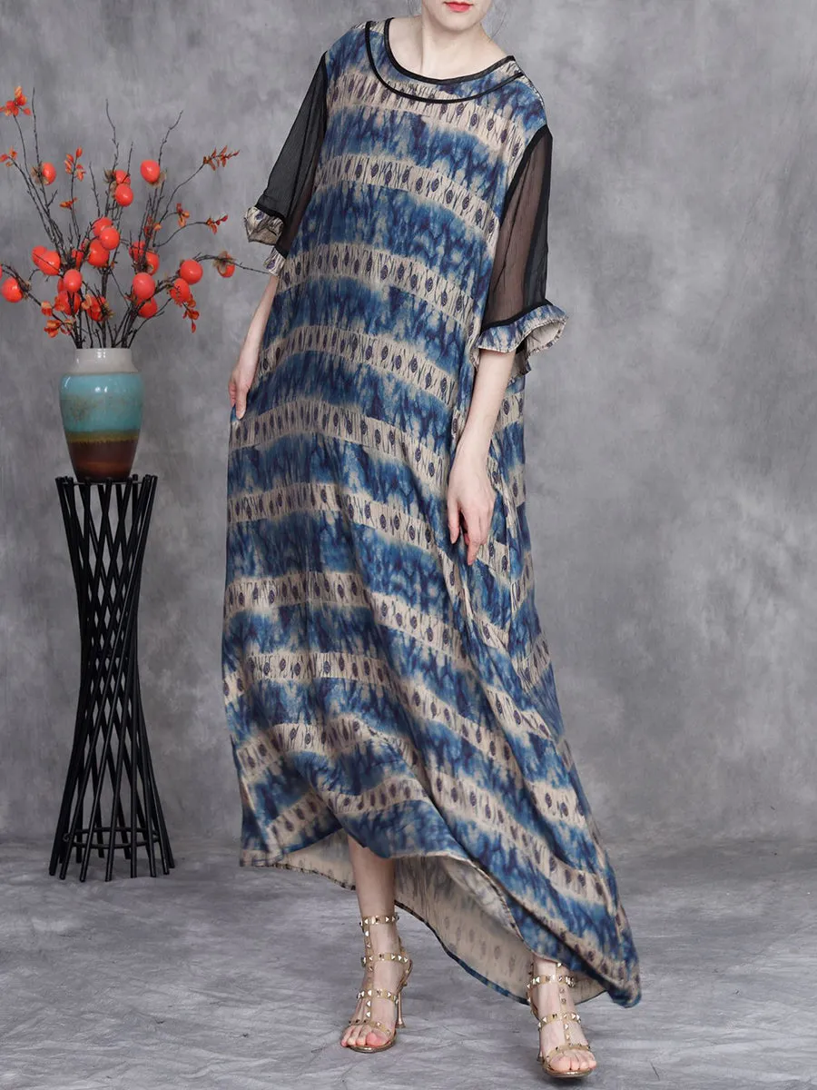 Women Summer Artsy Leaf O-Neck Maxi Dress
