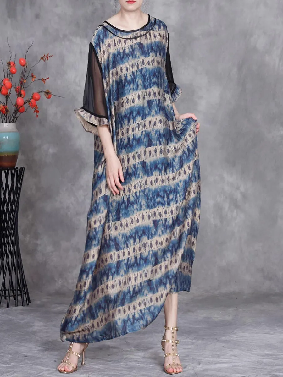 Women Summer Artsy Leaf O-Neck Maxi Dress
