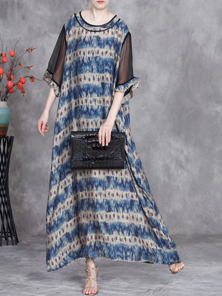 Women Summer Artsy Leaf O-Neck Maxi Dress