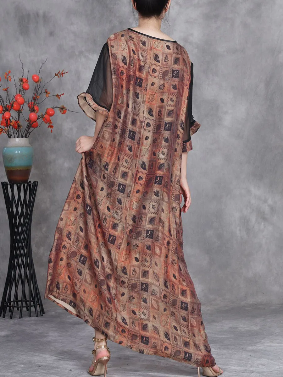 Women Summer Artsy Leaf O-Neck Maxi Dress