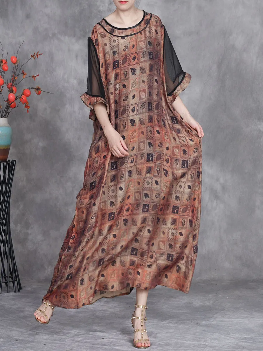 Women Summer Artsy Leaf O-Neck Maxi Dress