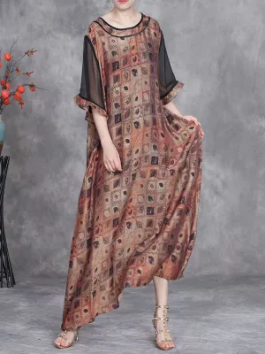 Women Summer Artsy Leaf O-Neck Maxi Dress