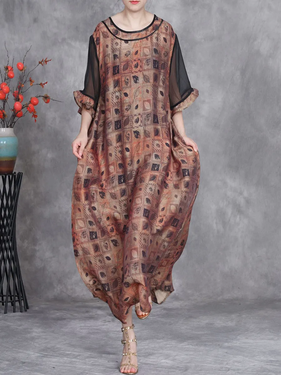 Women Summer Artsy Leaf O-Neck Maxi Dress