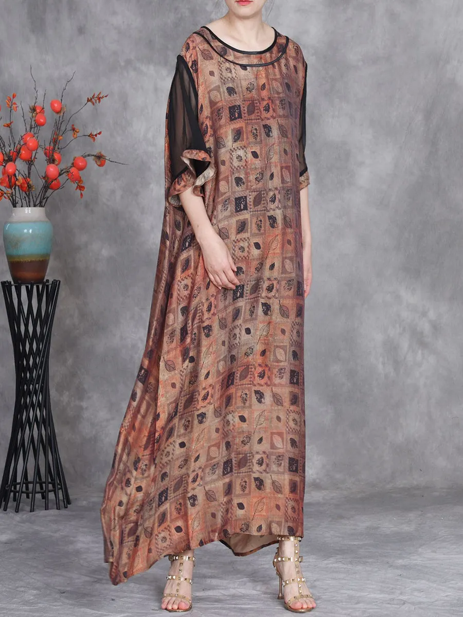 Women Summer Artsy Leaf O-Neck Maxi Dress