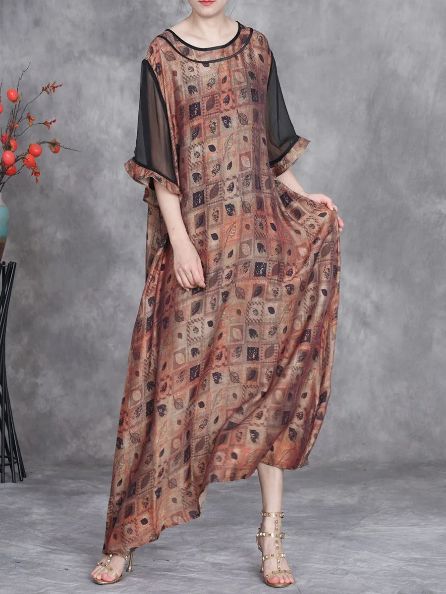 Women Summer Artsy Leaf O-Neck Maxi Dress
