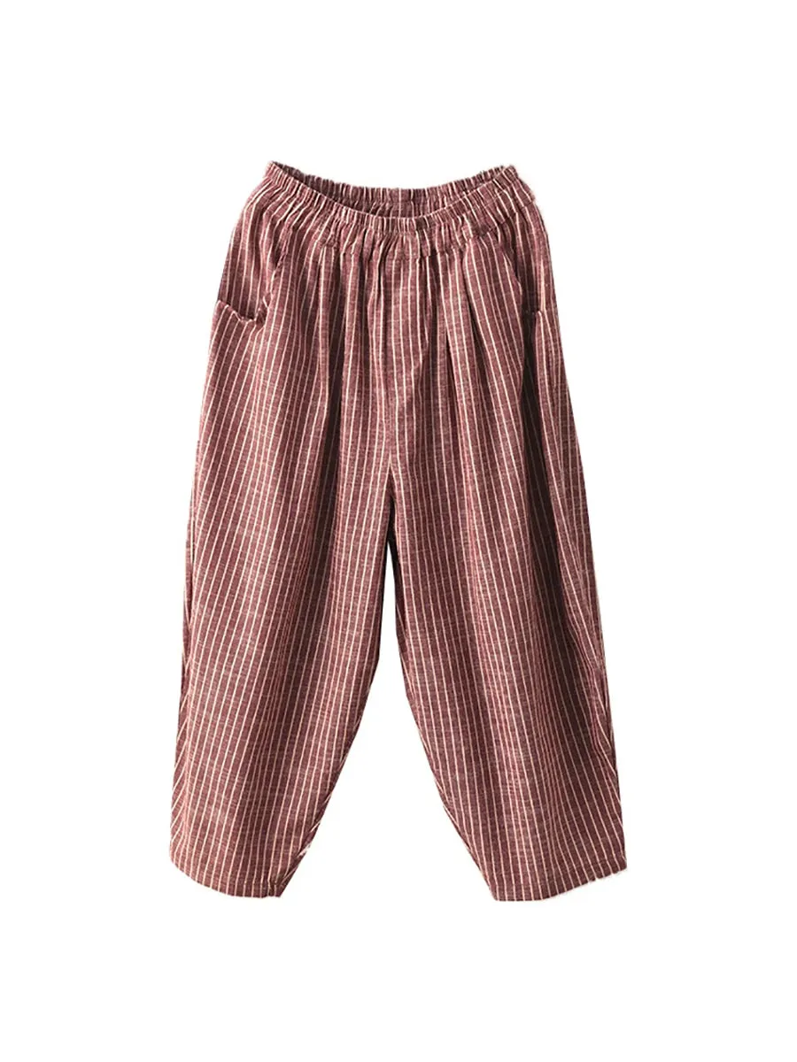 Women Summer Vintage Stripe 100%Linen Harem Pants