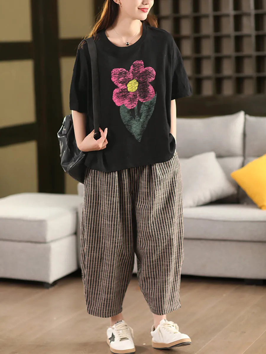 Women Summer Vintage Stripe 100%Linen Harem Pants