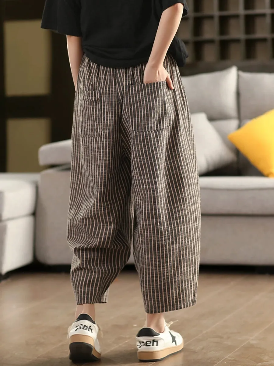 Women Summer Vintage Stripe 100%Linen Harem Pants