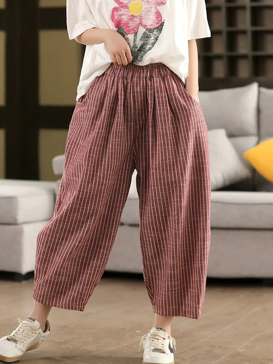 Women Summer Vintage Stripe 100%Linen Harem Pants